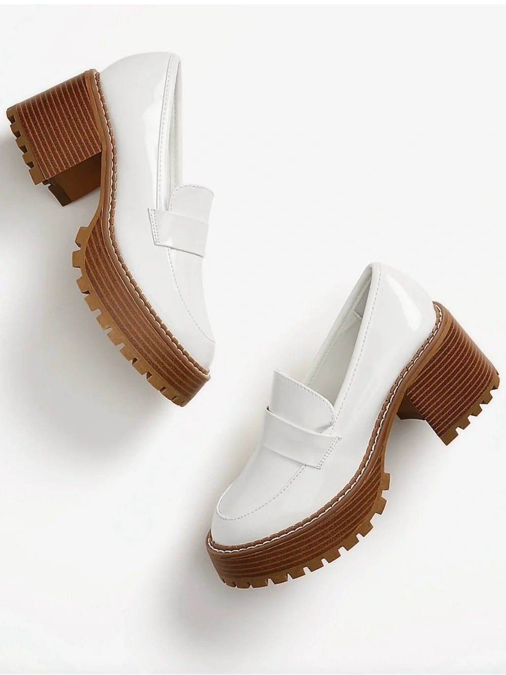 MIA Dalilah White Faux Leather Chunky Platform Lug Sole Slip On Heeled Loafer